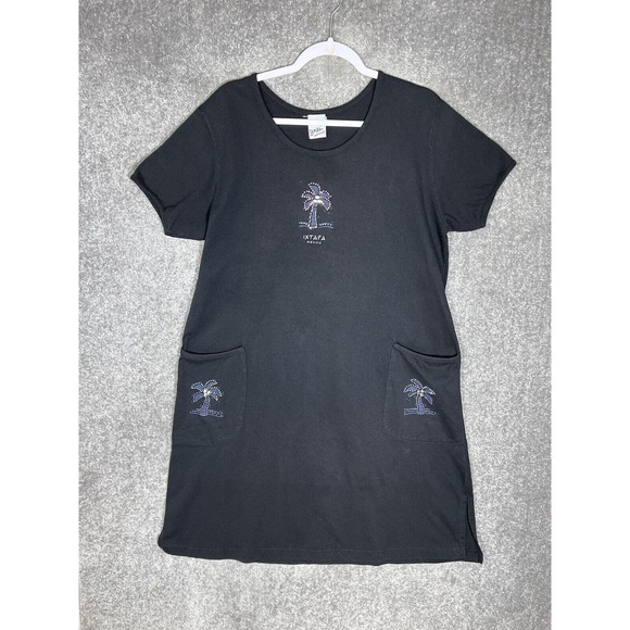 Arli Ixtapa Mexico‎ Palm Tree Short Sleeve Dress Cover Up Womens Size XL Black - Picture 1 of 8